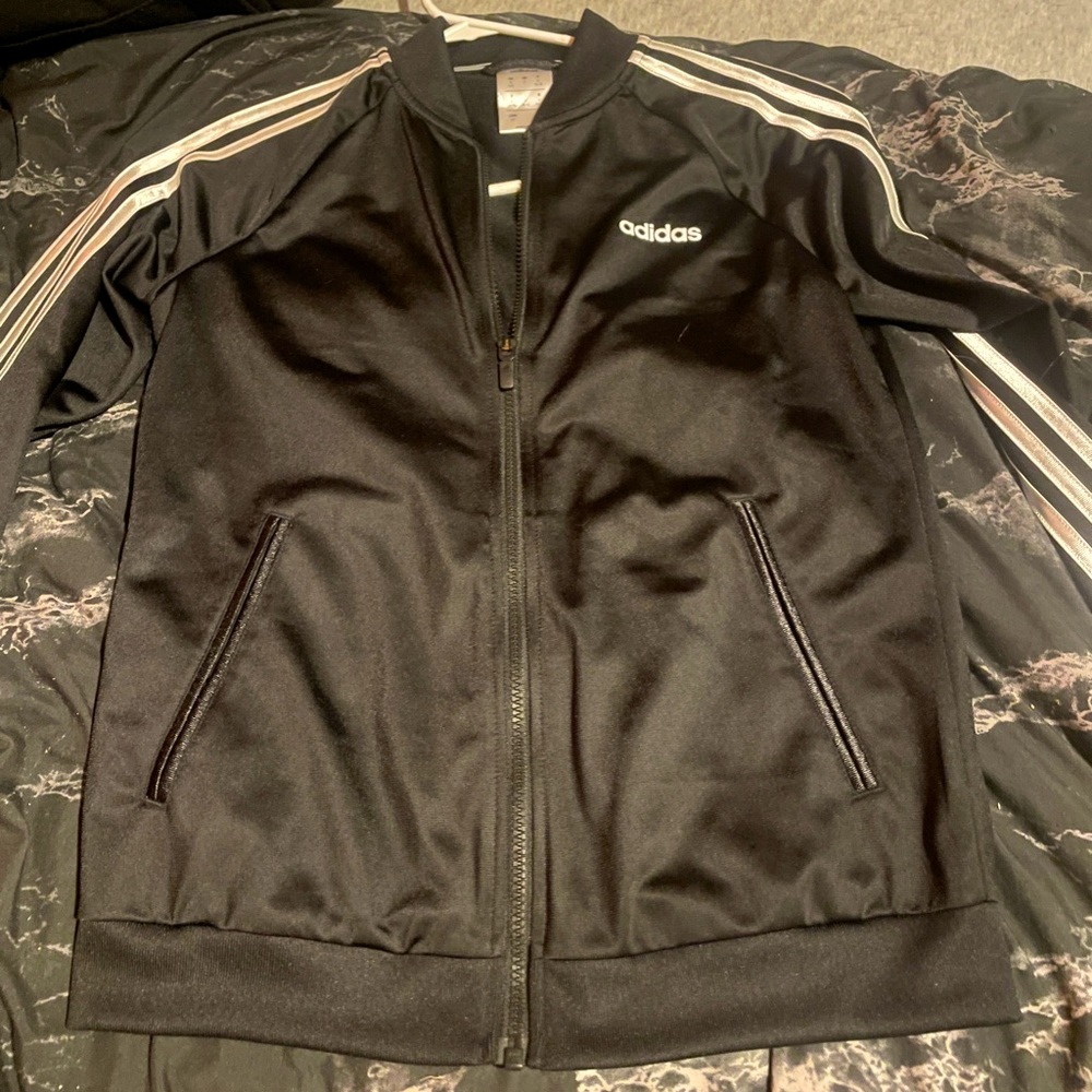 black as adidas hoodie with white strips